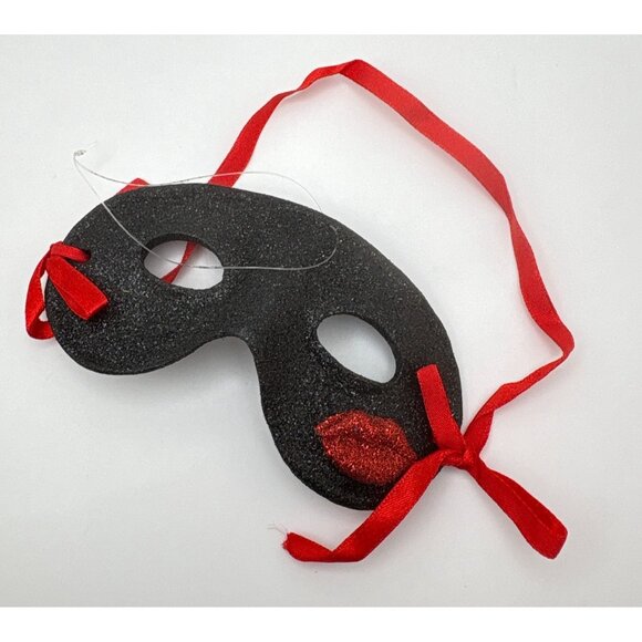 Masquerade Mask Christmas Tree Ornament Black Glitter Red Ribbon Lips Accent - Picture 5 of 6